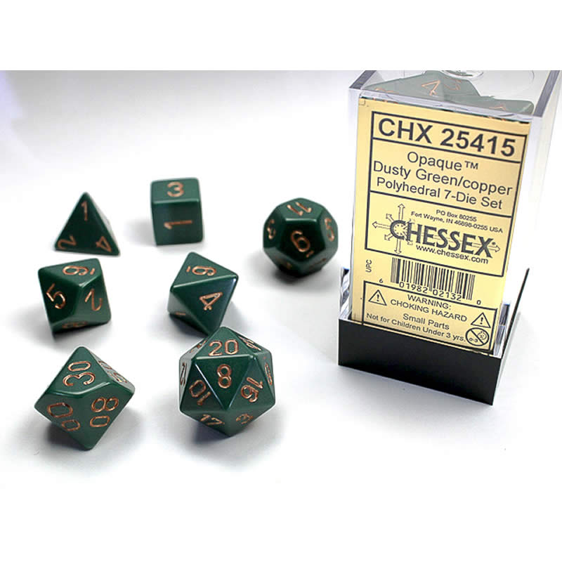 CHX25415 Dusty Green Opaque Dice Copper Numbers 16mm (5/8in) Set of 7 (ONLINE ORDER ONLY)