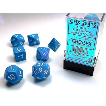 CHX25416 Light Blue Opaque Dice with White Numbers 16mm (5/8in) Set of 7 (ONLINE ORDER ONLY)