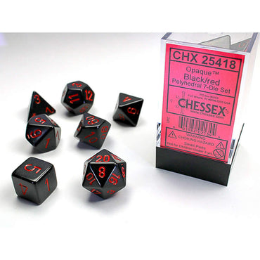 CHX25418 Black Opaque Dice with Red Numbers 16mm (5/8in) Set of 7 (ONLINE ORDER ONLY)