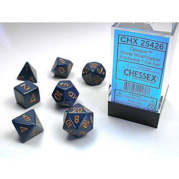 CHX25426 Dusty Blue Opaque Dice Copper Numbers 16mm (5/8in) Set of 7 (ONLINE ORDER ONLY)