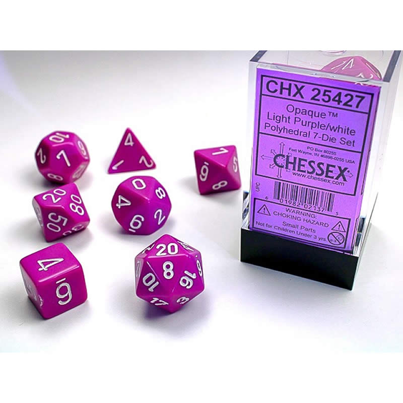 CHX25427 Light Purple Opaque Dice White Numbers 16mm (5/8in) Set of 7 (ONLINE ORDER ONLY)