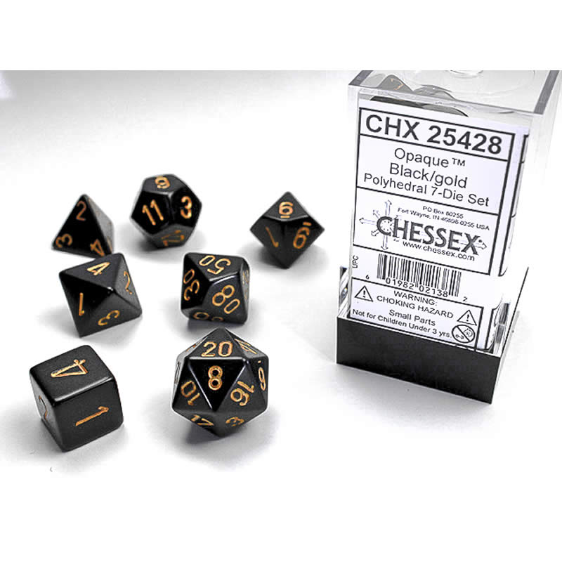 CHX25428 Black Opaque Dice with Gold Numbers 16mm (5/8in) Set of 7 (ONLINE ORDER ONLY)