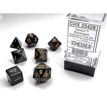CHX25428 Black Opaque Dice with Gold Numbers 16mm (5/8in) Set of 7 (ONLINE ORDER ONLY)