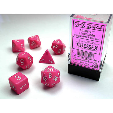 CHX25444 Pink Opaque Dice with White Numbers 16mm (5/8in) Set of 7 Dice (ONLINE ORDER ONLY)