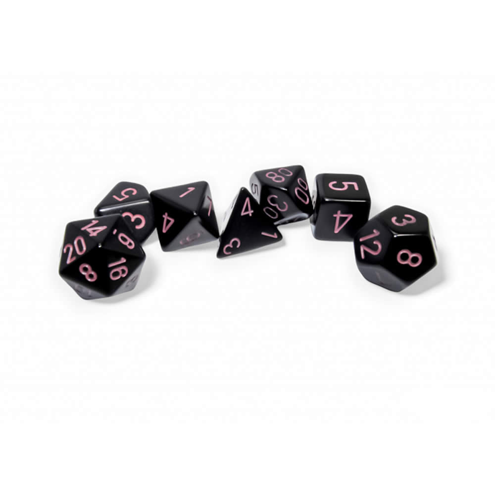 CHX25448 Black Opaque Dice with Pink Numbers 16mm (5/8in) Set of 7 Dice (ONLINE ORDER ONLY)