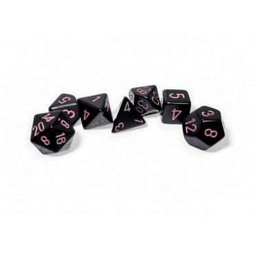 CHX25448 Black Opaque Dice with Pink Numbers 16mm (5/8in) Set of 7 Dice (ONLINE ORDER ONLY)