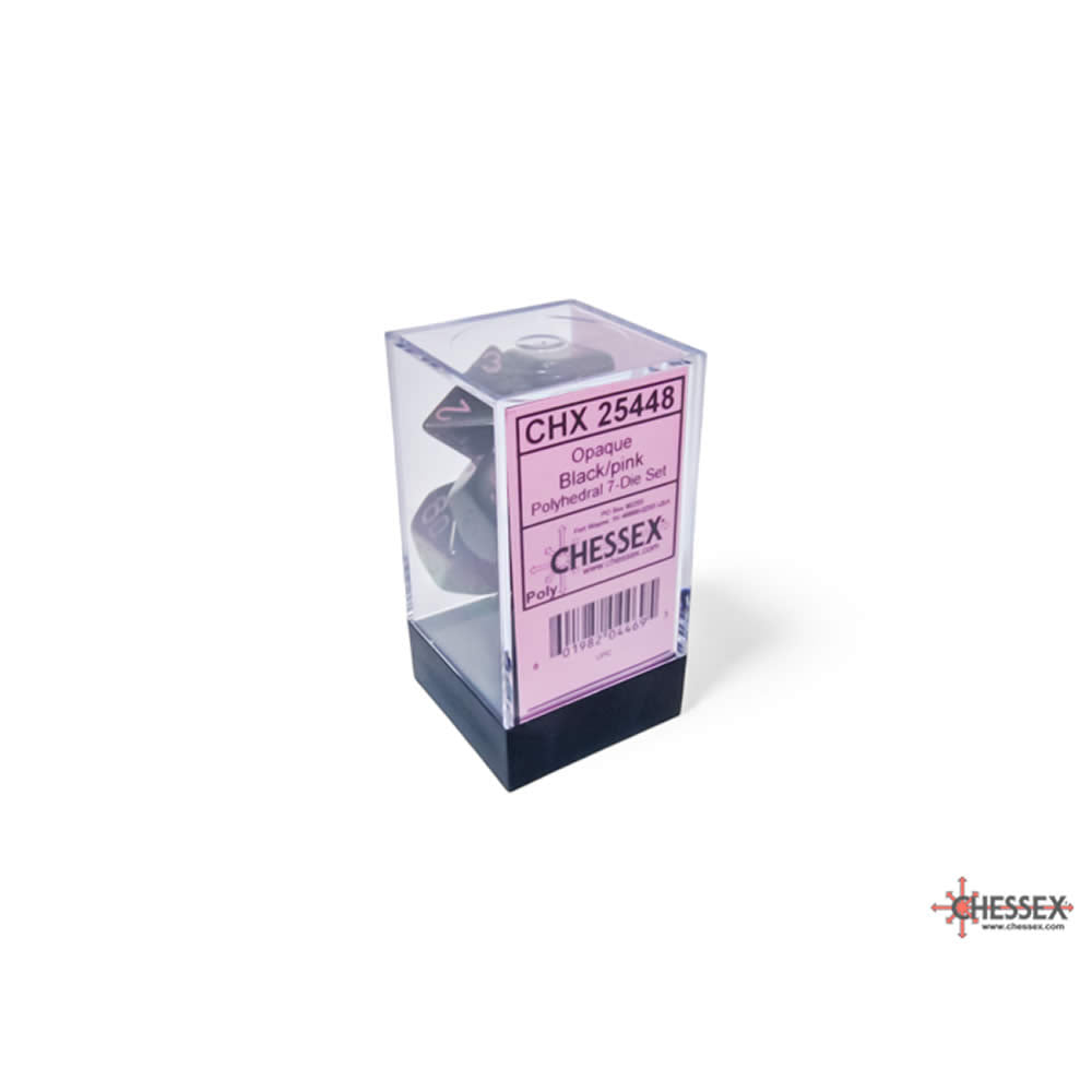 CHX25448 Black Opaque Dice with Pink Numbers 16mm (5/8in) Set of 7 Dice (ONLINE ORDER ONLY)