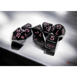 CHX25448 Black Opaque Dice with Pink Numbers 16mm (5/8in) Set of 7 Dice (ONLINE ORDER ONLY)