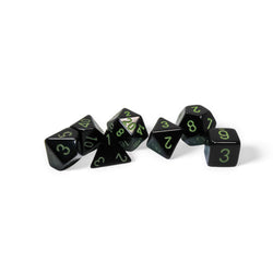CHX25458 Black Opaque Dice with Green Numbers 16mm (5/8in) Set of 7 Dice (ONLINE ORDER ONLY)