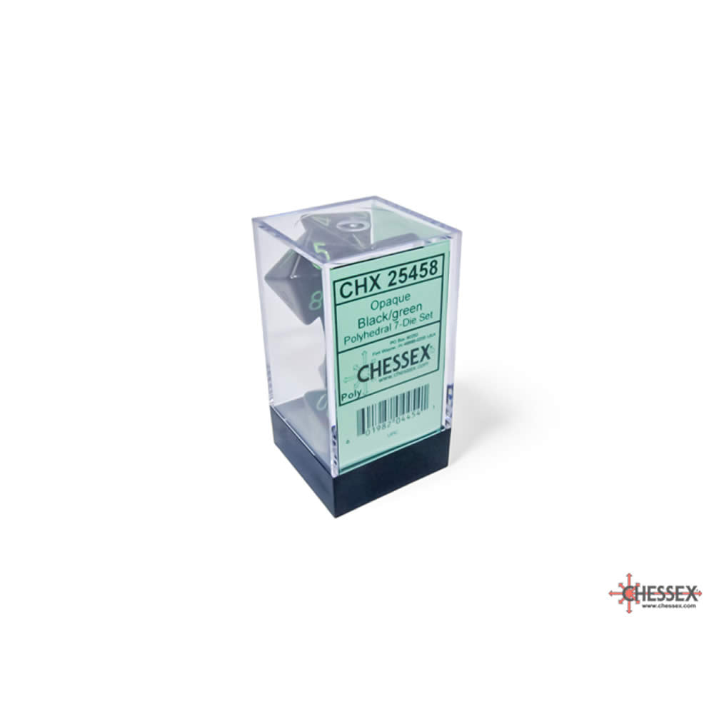 CHX25458 Black Opaque Dice with Green Numbers 16mm (5/8in) Set of 7 Dice (ONLINE ORDER ONLY)