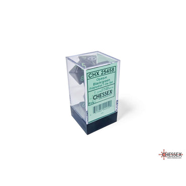 CHX25458 Black Opaque Dice with Green Numbers 16mm (5/8in) Set of 7 Dice (ONLINE ORDER ONLY)