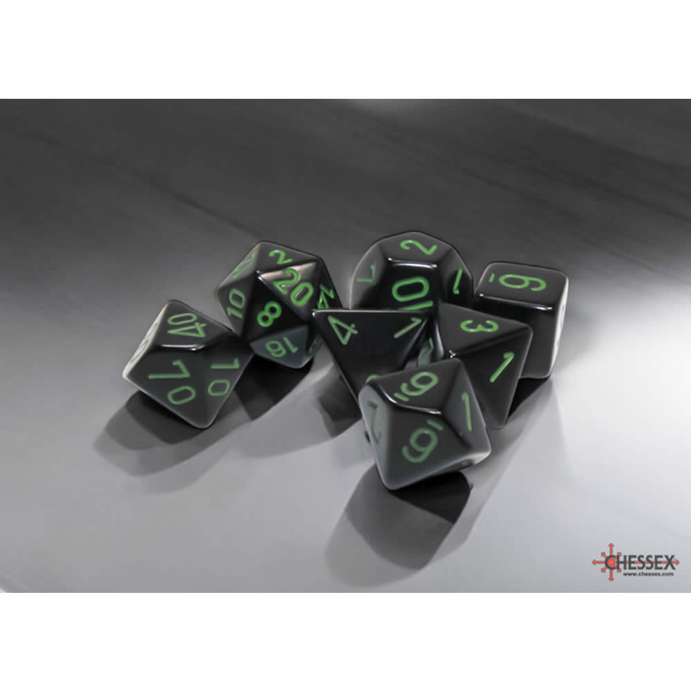 CHX25458 Black Opaque Dice with Green Numbers 16mm (5/8in) Set of 7 Dice (ONLINE ORDER ONLY)