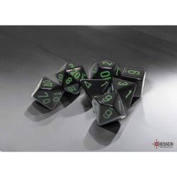 CHX25458 Black Opaque Dice with Green Numbers 16mm (5/8in) Set of 7 Dice (ONLINE ORDER ONLY)