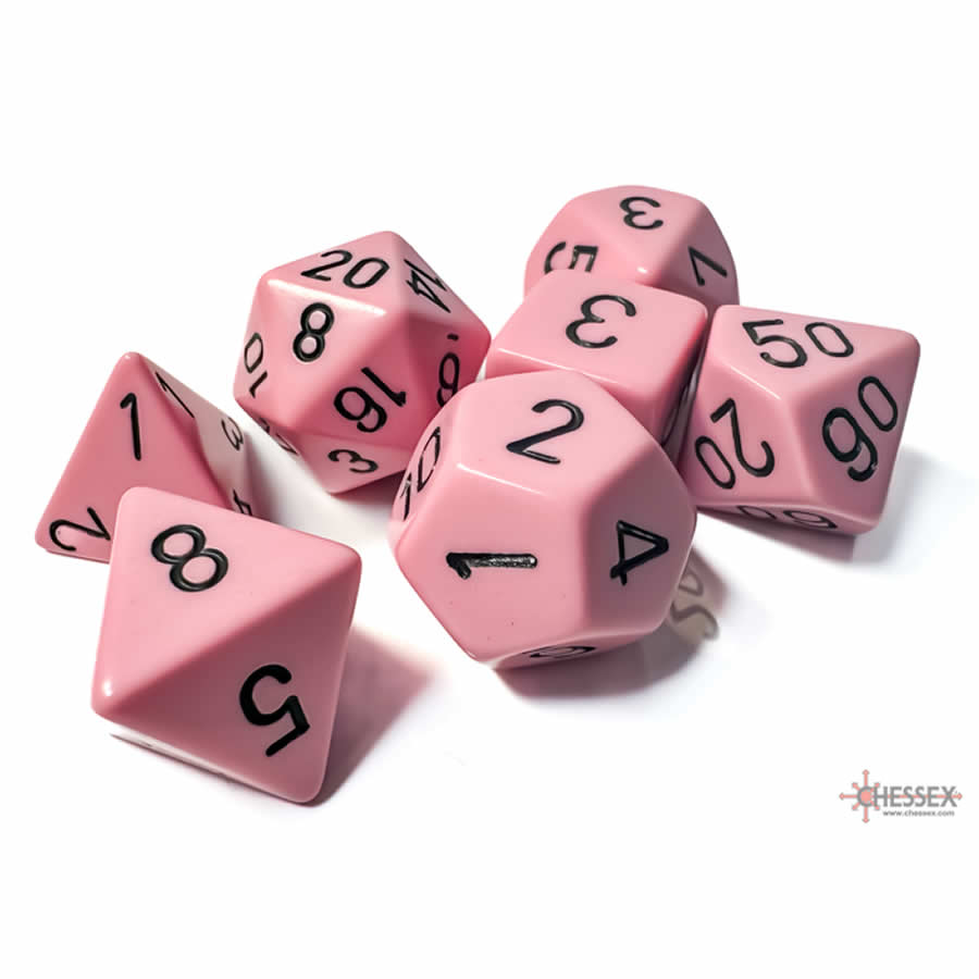 CHX25464 Pink Pastel Dice with Black Numbers 16mm (5/8in) Set of 7 Dice (ONLINE ORDER ONLY)