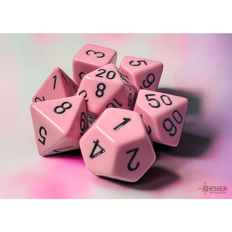 CHX25464 Pink Pastel Dice with Black Numbers 16mm (5/8in) Set of 7 Dice (ONLINE ORDER ONLY)