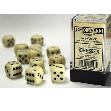 CHX25600 Ivory Opaque D6 Dice with Black Pips 16mm (5/8in) Pack of 12 (ONLINE ORDER ONLY)