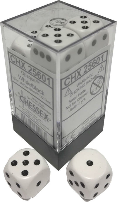 Chessex Opaque White/Black 16MM D6 Dice Block (12 dice)