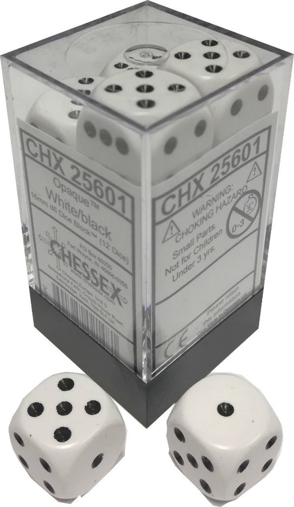Chessex Opaque White/Black 16MM D6 Dice Block (12 dice)