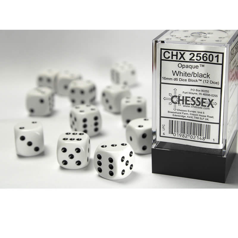 CHX25601 White Opaque D6 Dice with Black Pips 16mm (5/8in) Pack of 12 (ONLINE ORDER ONLY)