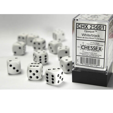 CHX25601 White Opaque D6 Dice with Black Pips 16mm (5/8in) Pack of 12 (ONLINE ORDER ONLY)