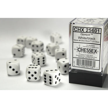 Chessex Opaque White/Black 16MM D6 Dice Block (12 dice)