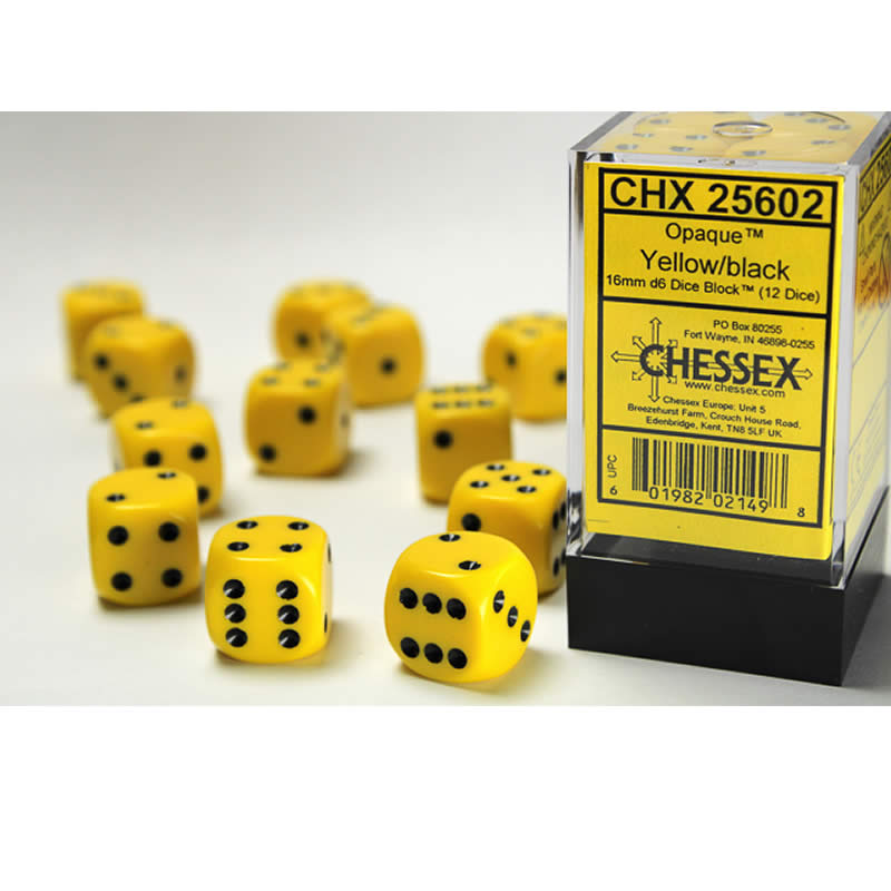 CHX25602 Yellow Opaque D6 Dice with Black Pips 16mm (5/8in) Pack of 12 (ONLINE ORDER ONLY)