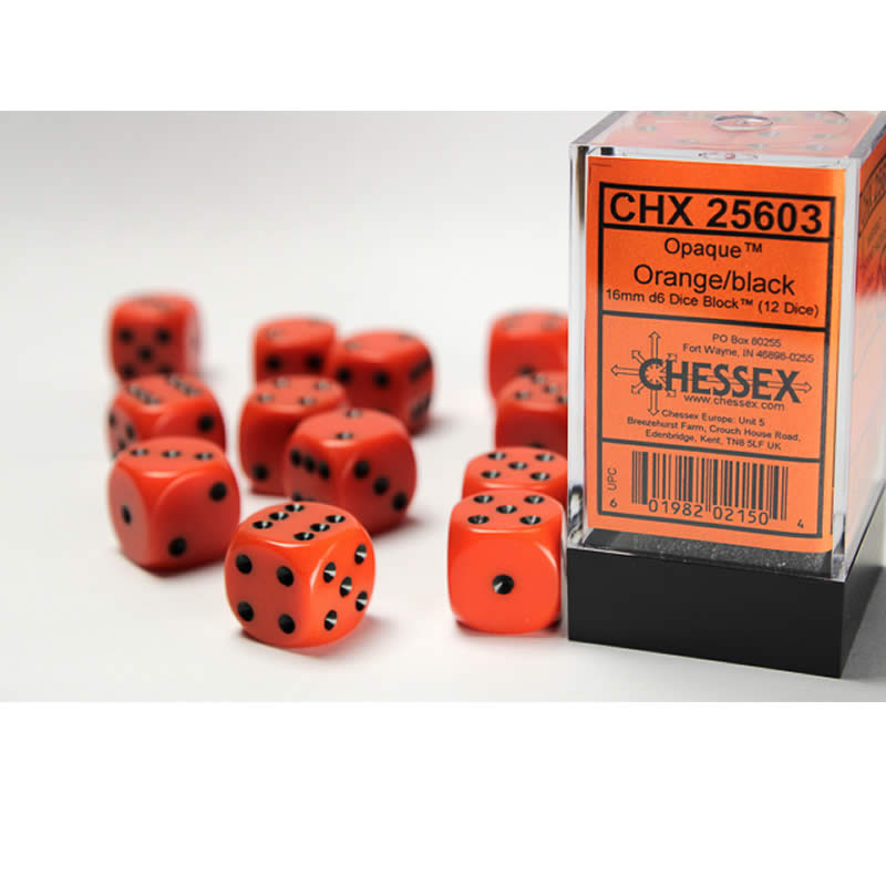 CHX25603 Orange Opaque D6 Dice with Black Pips 16mm (5/8in) Pack of 12 (ONLINE ORDER ONLY)