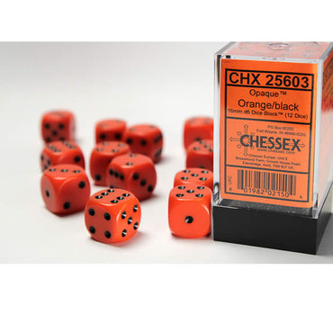 CHX25603 Orange Opaque D6 Dice with Black Pips 16mm (5/8in) Pack of 12 (ONLINE ORDER ONLY)