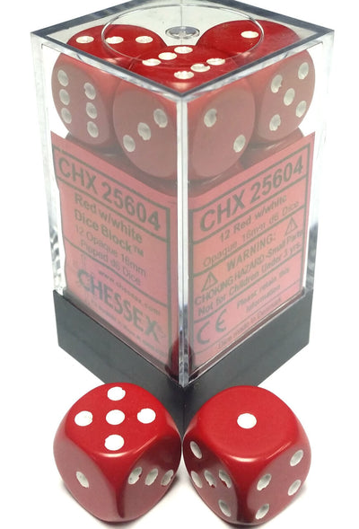 Chessex Opaque Red/White 16MM D6 Dice Block (12 dice)