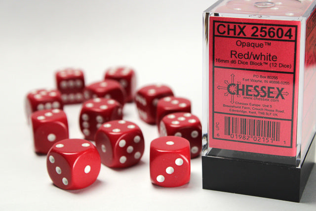 Chessex Opaque Red/White 16MM D6 Dice Block (12 dice)