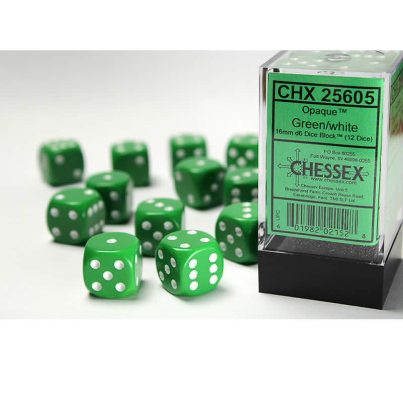 CHX25605 Green Opaque D6 Dice with White Pips 16mm (5/8in) Pack of 12 (ONLINE ORDER ONLY)