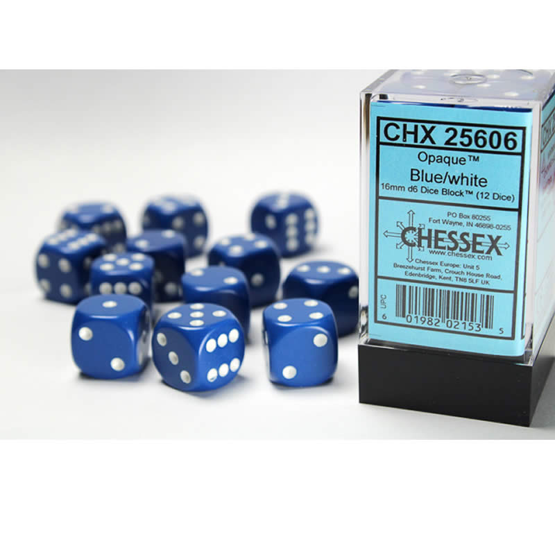 CHX25606 Blue Opaque D6 Dice with White Pips 16mm (5/8in) Pack of 12 (ONLINE ORDER ONLY)