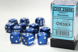 Chessex Opaque Blue/White 16MM D6 Dice Block (12 dice)
