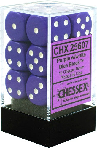 Chessex Opaque Purple/White 16MM D6 Dice Block (12 dice)