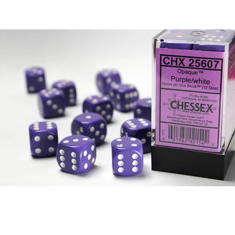 CHX25607 Purple Opaque D6 Dice with White Pips 16mm (5/8in) Pack of 12 (ONLINE ORDER ONLY)