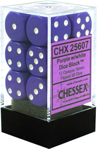 Chessex Opaque Purple/White 16MM D6 Dice Block (12 dice)