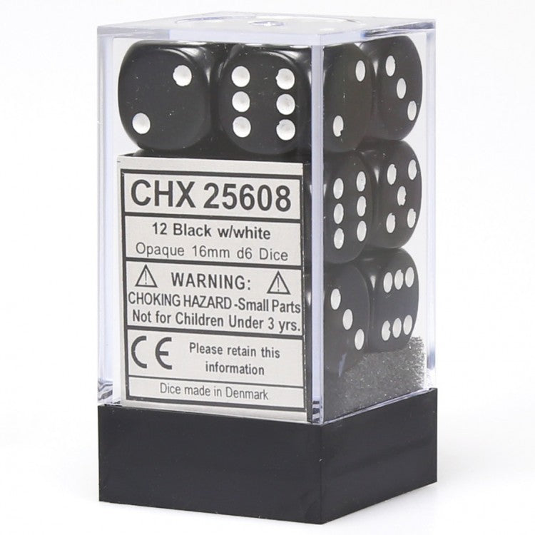 Chessex Opaque Black/White 16MM D6 Dice Block (12 dice)