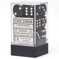 Chessex Opaque Black/White 16MM D6 Dice Block (12 dice)