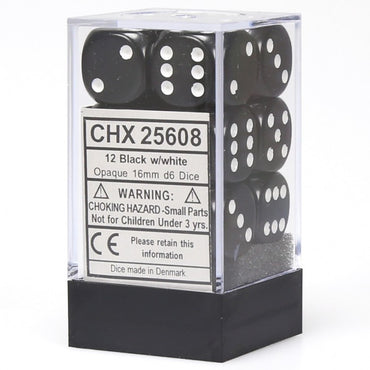 Chessex Opaque Black/White 16MM D6 Dice Block (12 dice)