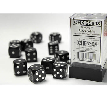 CHX25608 Black Opaque D6 Dice with White Pips 16mm (5/8in) Pack of 12 (ONLINE ORDER ONLY)