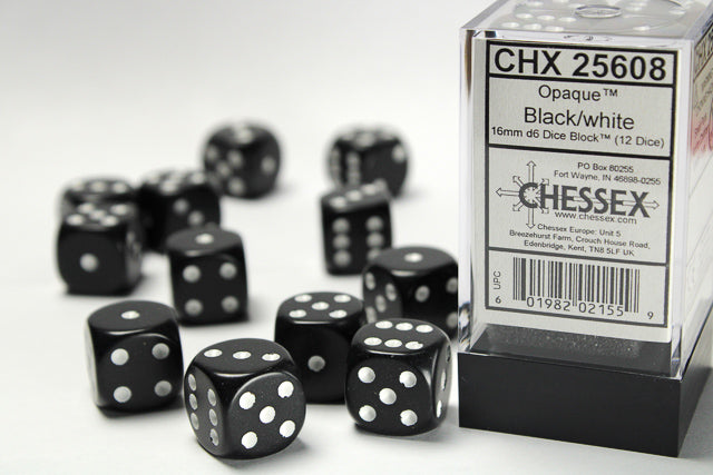 Chessex Opaque Black/White 16MM D6 Dice Block (12 dice)