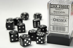 Chessex Opaque Black/White 16MM D6 Dice Block (12 dice)