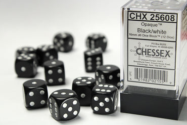 Chessex Opaque Black/White 16MM D6 Dice Block (12 dice)