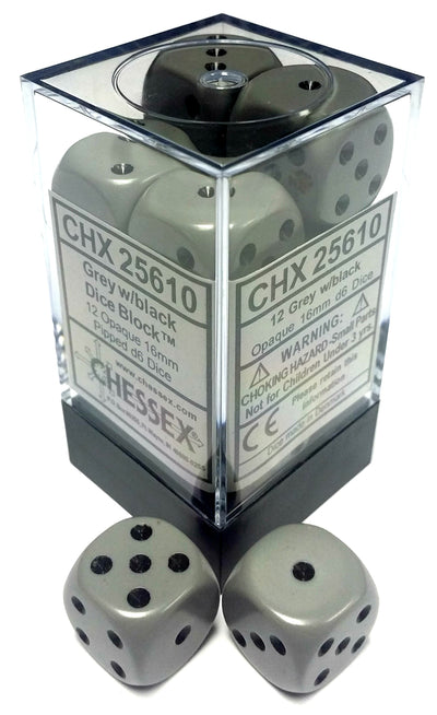 Chessex Opaque Dark Grey/Black 16MM D6 Dice Block (12 dice)