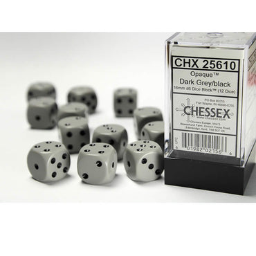 CHX25610 Gray Opaque D6 Dice with Black Pips 16mm (5/8in) Pack of 12 (ONLINE ORDER ONLY)