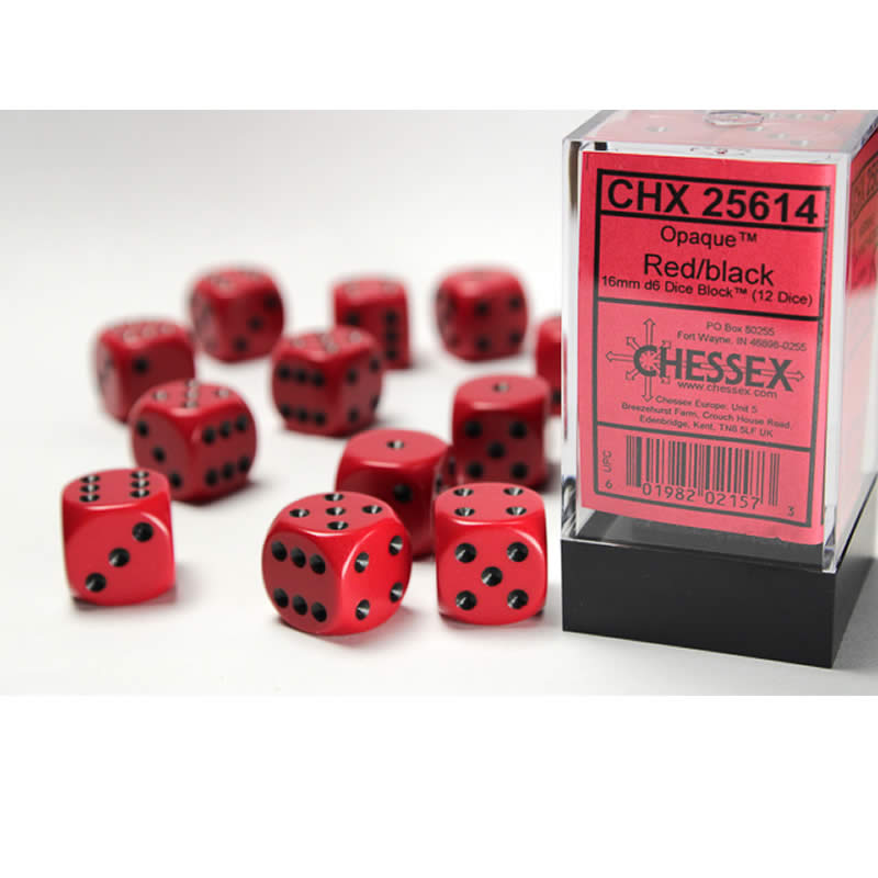 CHX25614 Red Opaque D6 Dice with Black Pips 16mm (5/8in) Pack of 12 (ONLINE ORDER ONLY)