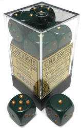 Chessex Opaque Dusty Green/Copper 16MM D6 Dice Block (12 dice)
