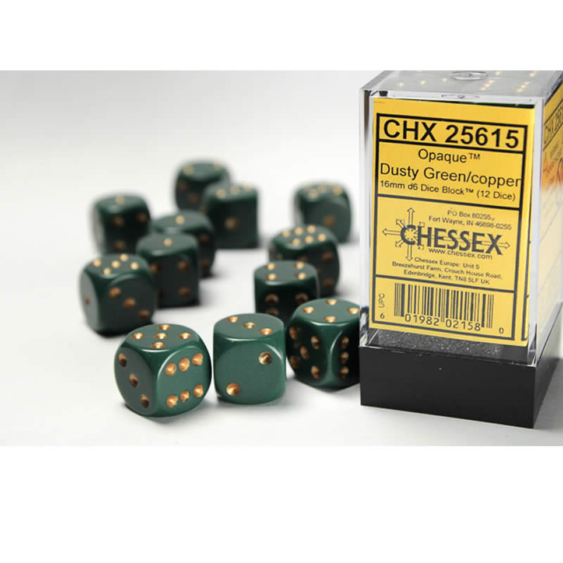 CHX25615 Dusty Green Opaque D6 Dice Copper Pips 16mm Pack of 12 (ONLINE ORDER ONLY)