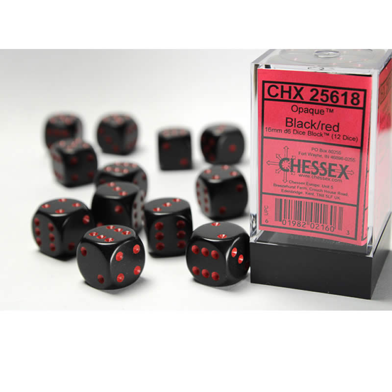 CHX25618 Black Opaque D6 Dice with Red Pips 16mm (5/8in) Pack of 12 (ONLINE ORDER ONLY)