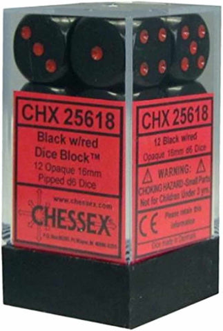 Chessex Opaque Black/Red 16MM D6 Dice Block (12 dice)